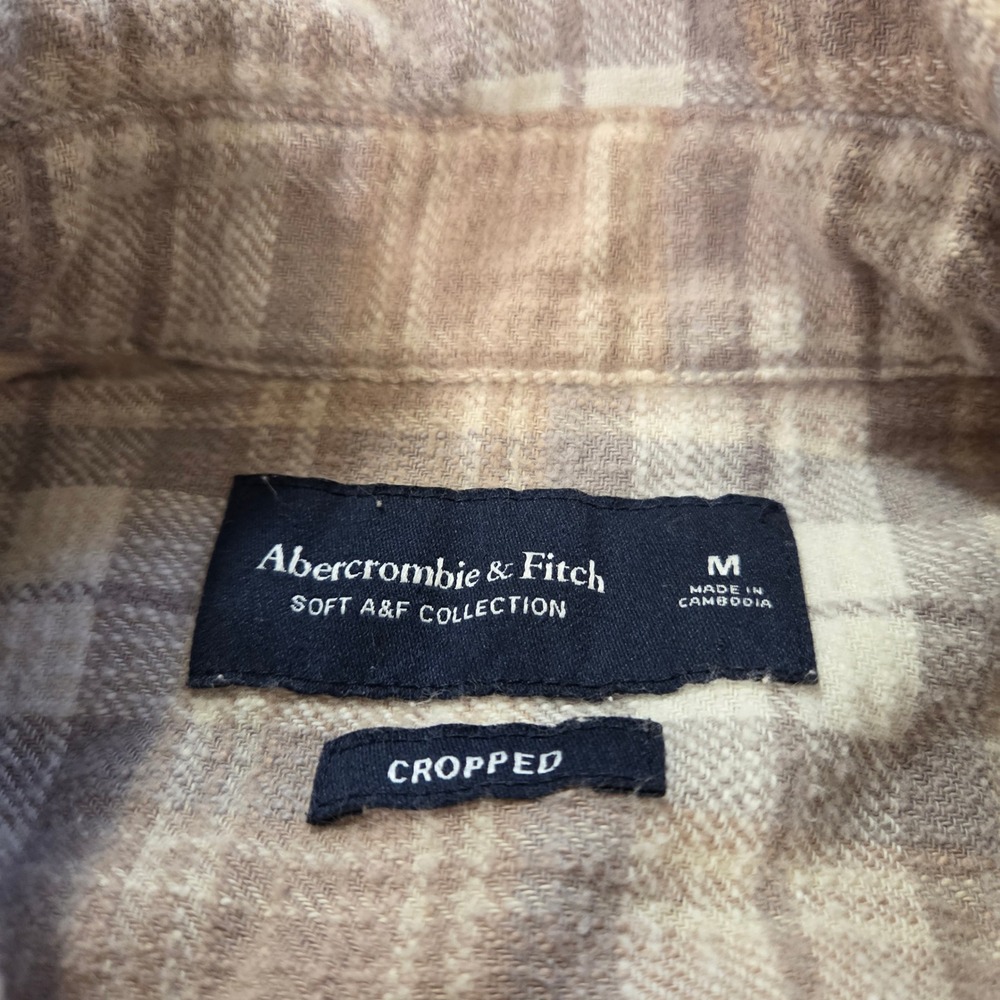 Abercrombie & Fitch Soft A&F Cropped Plaid Flannel Shirt Beige Tan Medium - Picture 3 of 6